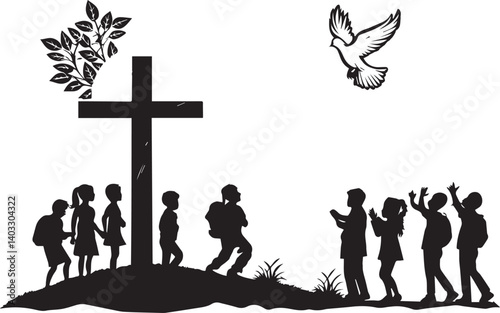 World Youth Day clip art, line art, silhouette art, Image, illustration, using solid black color and white background