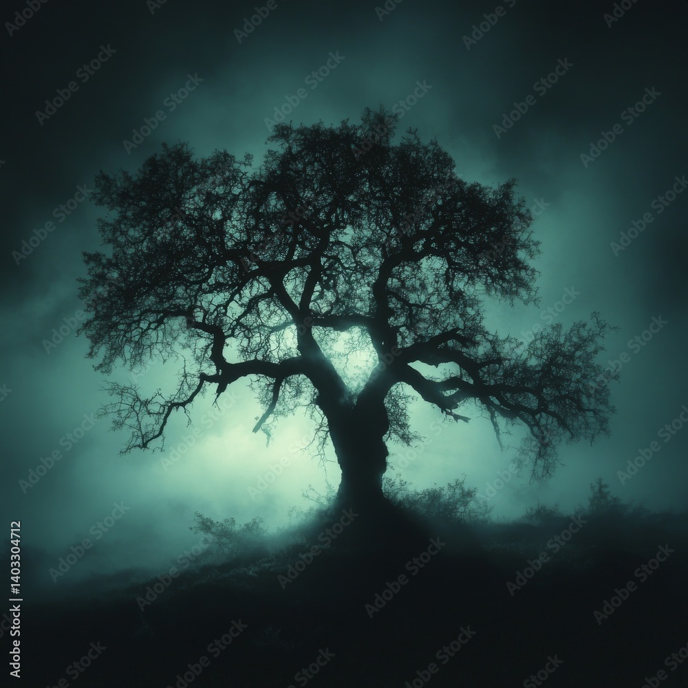 Dark silhouette of an old tree emerging from the misty fog, with soft light filtering through the branches Dark silhouette of an old tree emerging from the misty fog, with soft light filtering through the branches