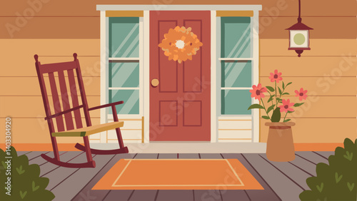 A welcoming front porch with a wooden swing a rocking chair and a vintage floral print doormat.