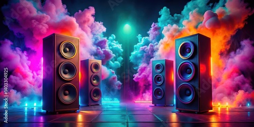 Vibrant smoke clouds swirl around speakers in a colorful neon display creating a mesmerizing ambiance at night, ambient atmosphere, smoke effects