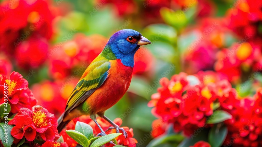Obraz premium Bird amidst vibrant red flowers, colorful bird