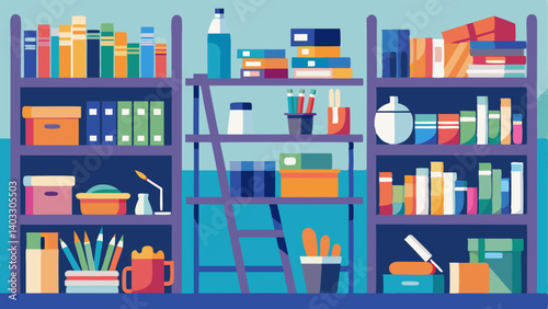 A room filled with shelves stacked high with paints brushes and other art supplies.