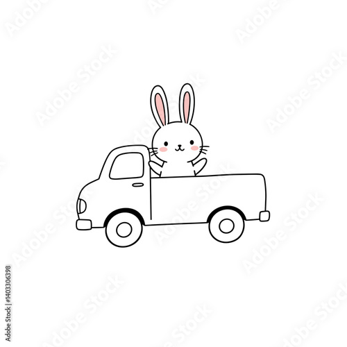 Bunny happily riding in a truck on a simplistic background  