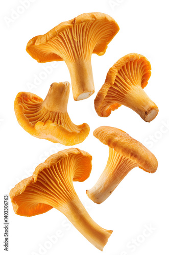 Fresh chanterelle mushrooms falling on transparent background