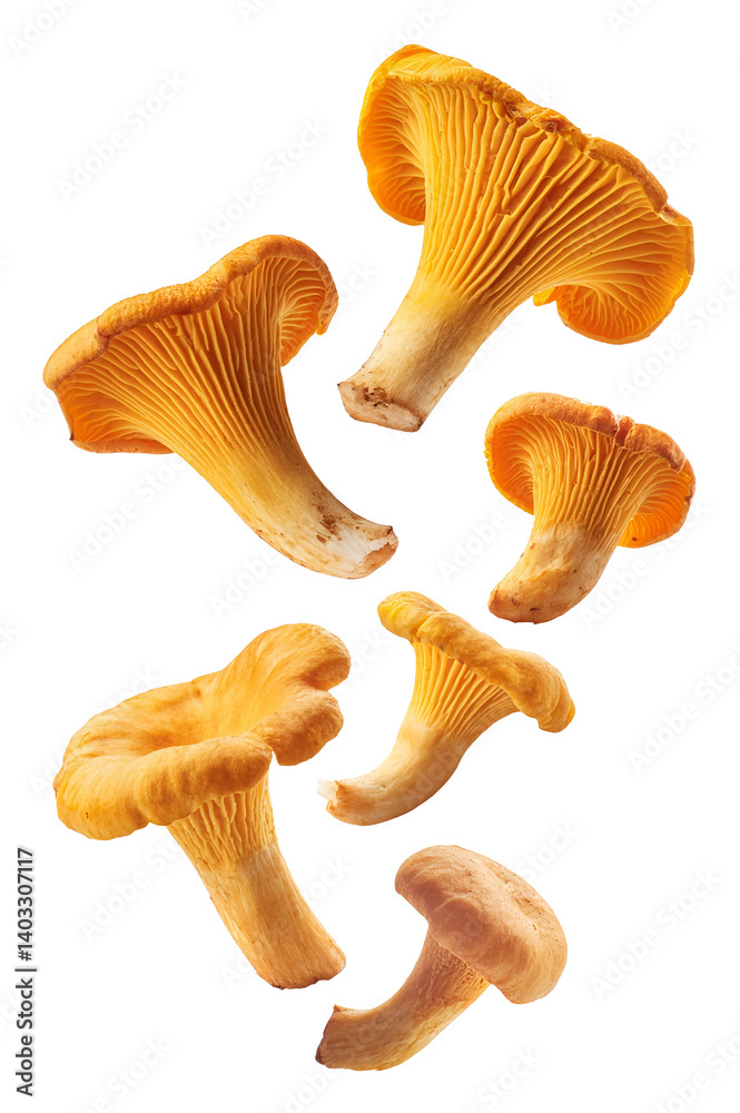 Fresh chanterelle mushrooms falling on transparent background Fresh chanterelle mushrooms falling on transparent background
