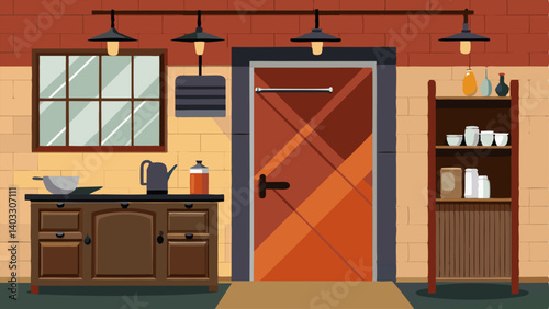 A rustic wooden sliding barn door leading into a modern industrial kitchen.