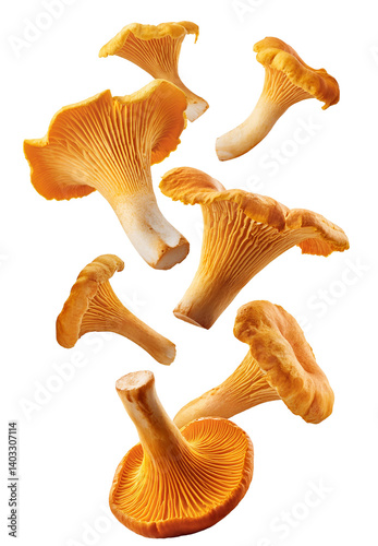 Fresh chanterelle mushrooms falling on transparent background