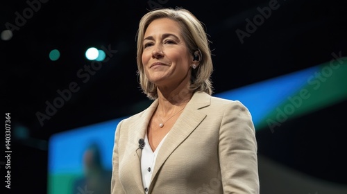 Speaker smiling onstage at conference, backdrop blurred