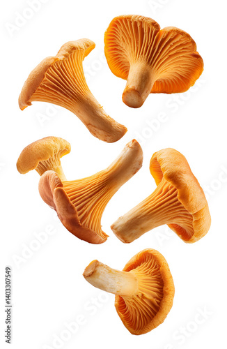 Fresh chanterelle mushrooms falling on transparent background