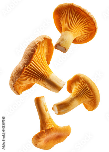 Fresh chanterelle mushrooms falling on transparent background
