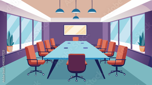 A spacious conference room with a large table and chairs for meetings and discussions.