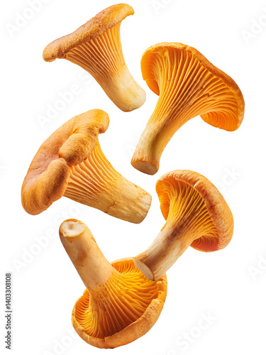Fresh chanterelle mushrooms falling on transparent background