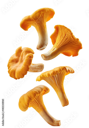 Fresh chanterelle mushrooms falling on transparent background