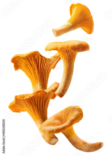 Fresh chanterelle mushrooms falling on transparent background