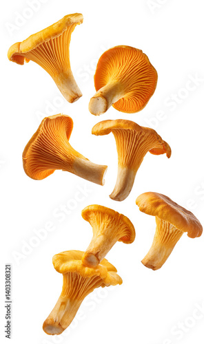 Fresh chanterelle mushrooms falling on transparent background