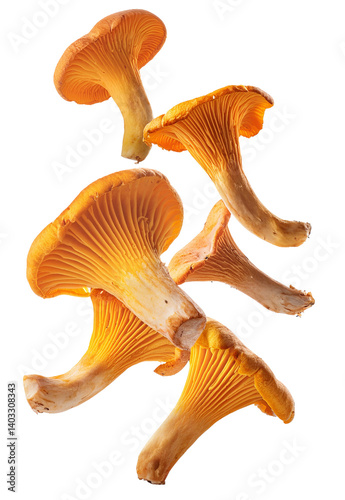 Fresh chanterelle mushrooms falling on transparent background