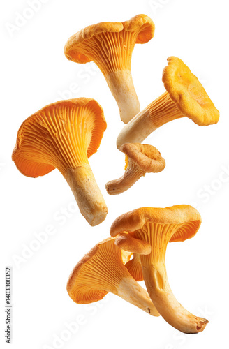 Fresh chanterelle mushrooms falling on transparent background