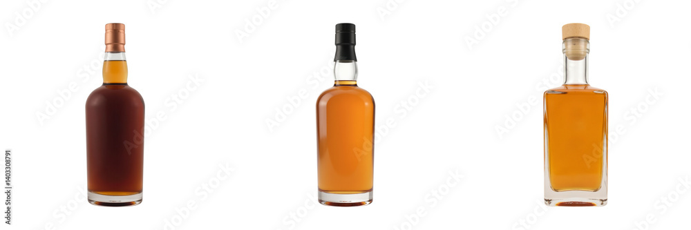 Elegant whiskey bottles displayed in row, showcasing various shades of amber and brown, perfect for sophisticated setting Elegant whiskey bottles displayed in row, showcasing various shades of amber and brown, perfect for sophisticated setting