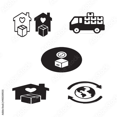 Set of 5 outline logistic and with floral transport, shipment silhouette editable vector isolated 