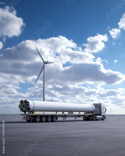 Flatbed trailer carrying wind turbine blades, large load haulage, 3D illustration