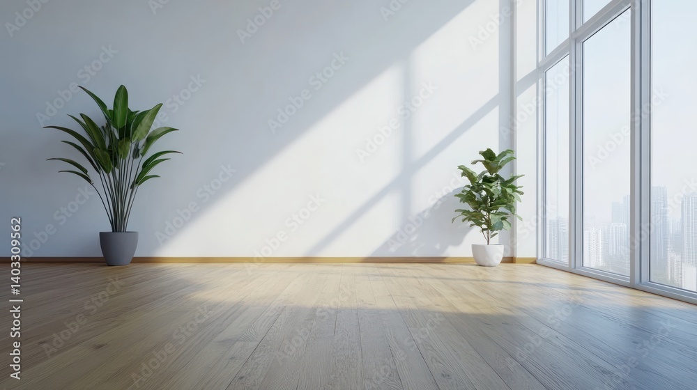 Fototapeta premium Sunny empty room, plants, hardwood floor, city view, interior design