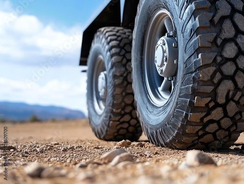 Closeup of trailer tires on rugged terrain, transportation durability focus