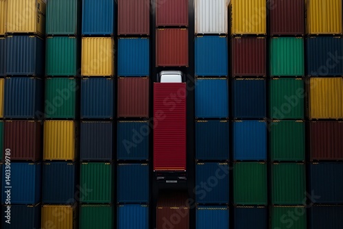 Container trailer parked at port terminal, global trade representation