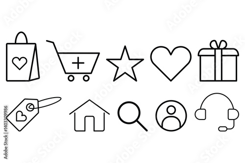 Online shopping icon collection. Outlined cart, bag, giftbox, customer help, home sign and symbol set vector illustration.