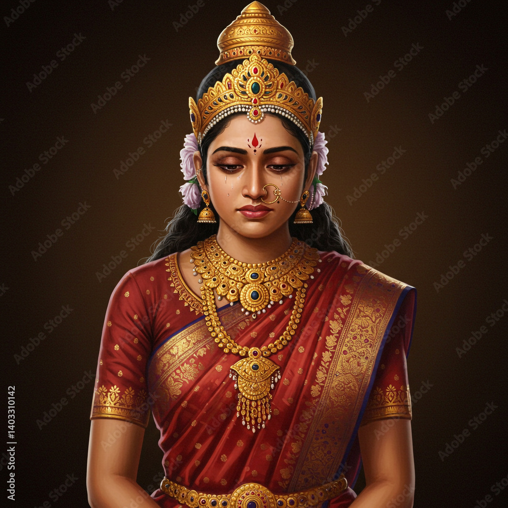 Traditional Indian Goddess Portrait with Gold Jewelry and Ornate Crown