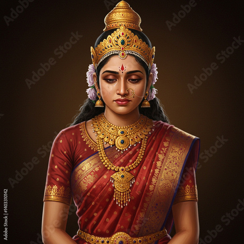 Obraz na płótnie Traditional Indian Goddess Portrait with Gold Jewelry and Ornate Crown w salonie