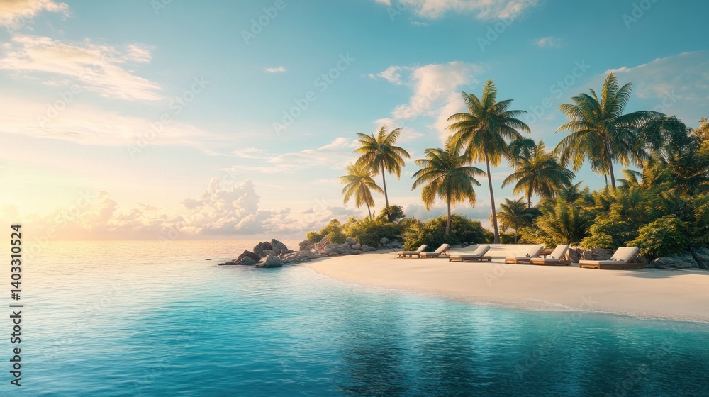 Tropical Paradise Beach with Palm Trees and Relaxing Loungers Tropical Paradise Beach with Palm Trees and Relaxing Loungers