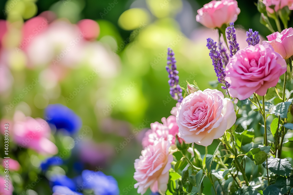 Blooming vibrant colorful spring garden. Hobby gardening concept background.