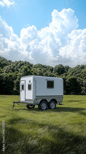 Small horse trailer hitched to pickup, equestrian event setting, 3D illustration