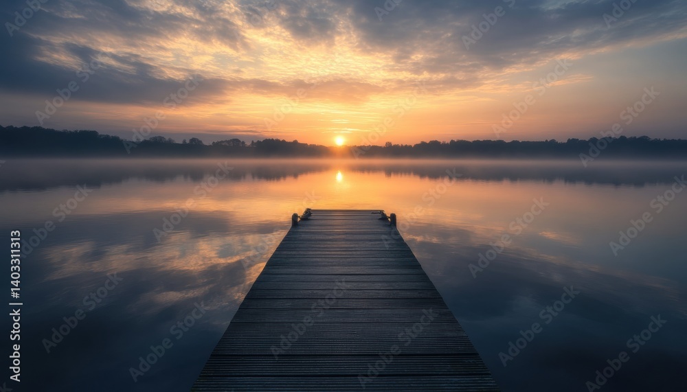 Fototapeta premium Serene sunrise over a tranquil lake with a wooden pier.