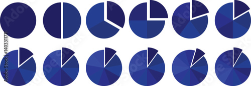 Pie chart set, segmented circle icons, circle diagram. Pie chart divided 1,2,3,4,5,6 equal parts. Color pizza or donut round diagram. Infographic wheel segment or sections parts. Vector illustration