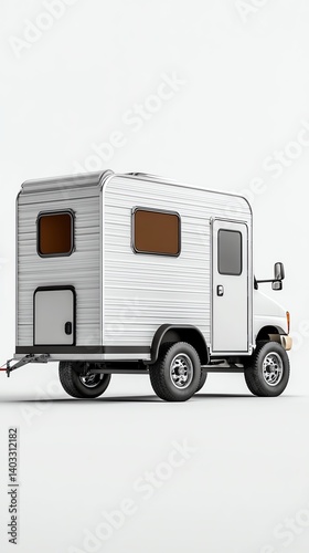 Small horse trailer hitched to pickup, equestrian event setting, 3D illustration