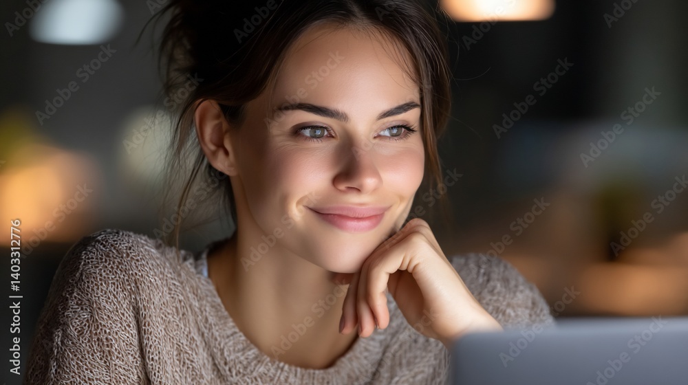 Woman smiles thoughtfully while using laptop at night Woman smiles thoughtfully while using laptop at night