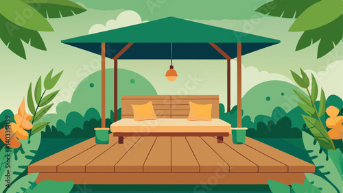 A wooden deck with a builtin lounge area complete with plush cushions and a leafy green canopy overhead.