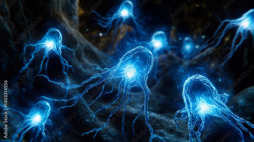 Obraz premium Intricate glowing cells in a dark biological environment.