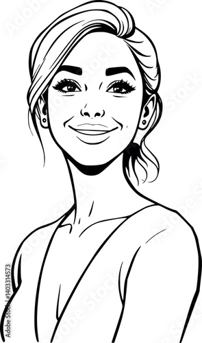 Confident smirking woman in outline style. Playful and stylish vector portrait.