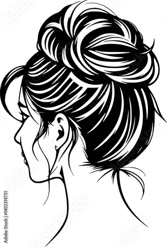 Outline illustration of a messy bun. Trendy monochrome hairstyle vector.