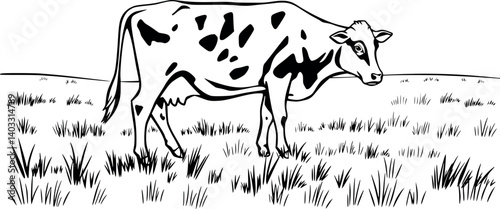Outline vector illustration of a cow grazing in a pasture