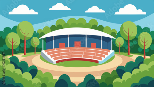 A spacious outdoor amphitheater nestled ast trees and greenery ideal for outdoor performances and events.