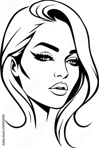 Glamorous woman with winged eyeliner in outline style. Bold and stylish vector portrait.