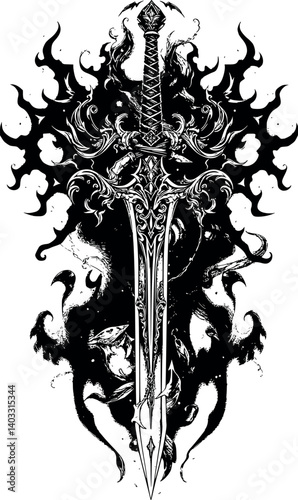 Engraved cursed sword vector illustration. Vintage monochrome etching of a legendary weapon.