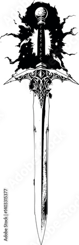 Engraved cursed sword vector illustration. Vintage monochrome etching of a legendary weapon.