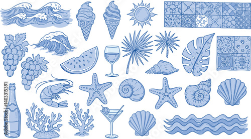 Hand drawn summer illustration set. Italian dolce vita. Minimalist line art.