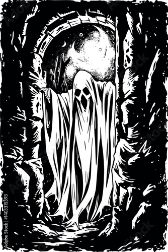 Engraved ghost vector illustration. Vintage monochrome etching of a spectral apparition.