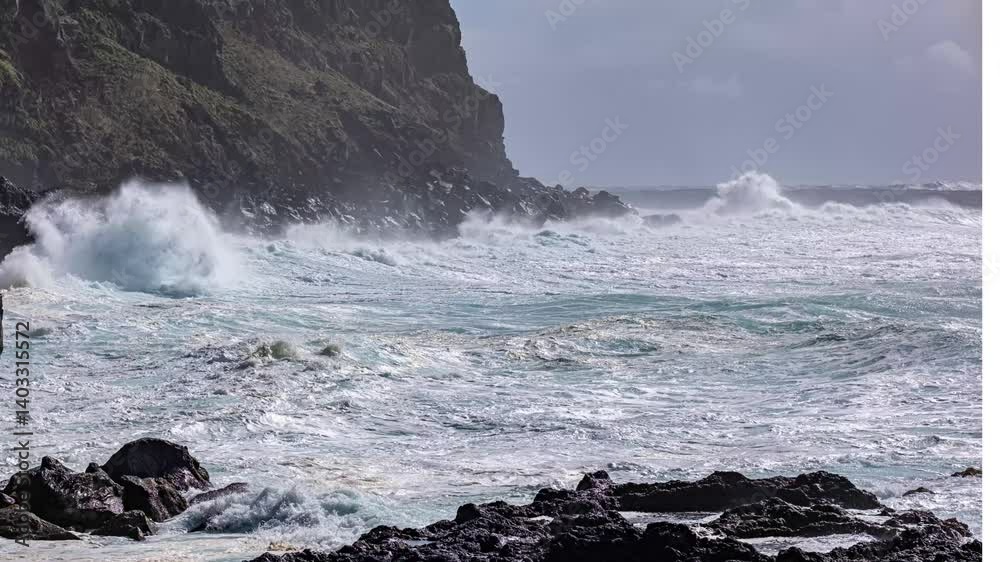 Timelapse-Aufnahme von Chuveiros da Ferraria (Ferraria Balneum), schwarze Lavafelsen, starke Wellen, windige Atmosphäre, heiße Quellen in der Meeresbucht, beeindruckende Natur und geothermische Aktivi