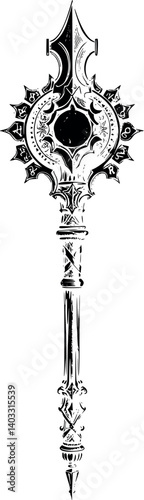 Engraved magic staff vector illustration. Vintage monochrome etching of a powerful artifact.